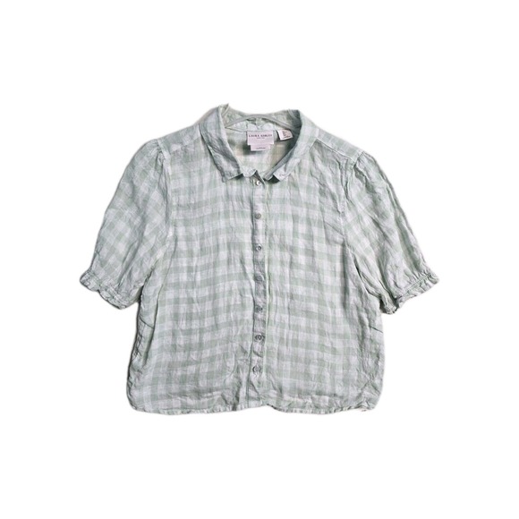 Laura Ashley Tops - Laura Ashley Linen Blouse Women's L Green White Cropped Cottagecore